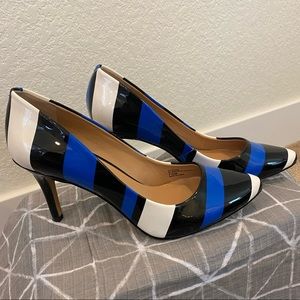 INC black, white, blue patent heels